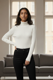 White Ribbed High Neck Top FOR WOMEN