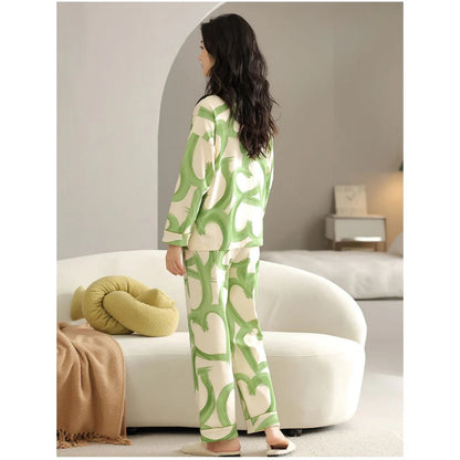 Off White with Green Hearts Printed V-Neck Button Printed PJ Set