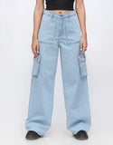 High Rise Wide Leg Flap Pocket Cargo Light Wash