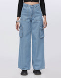 High Rise Wide Leg Flap Pocket Cargo Jeans Mid Wash