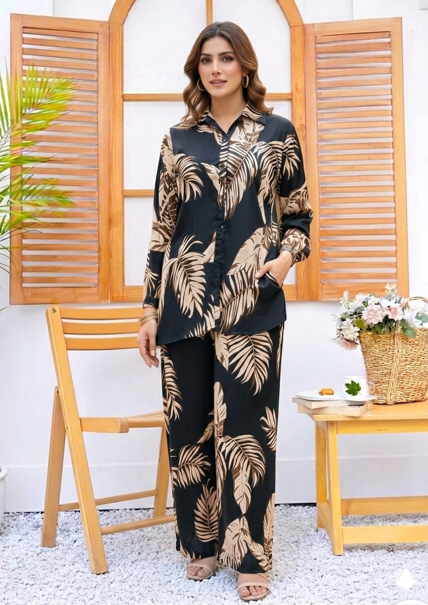 Linen Night wear  black brown leaf printed