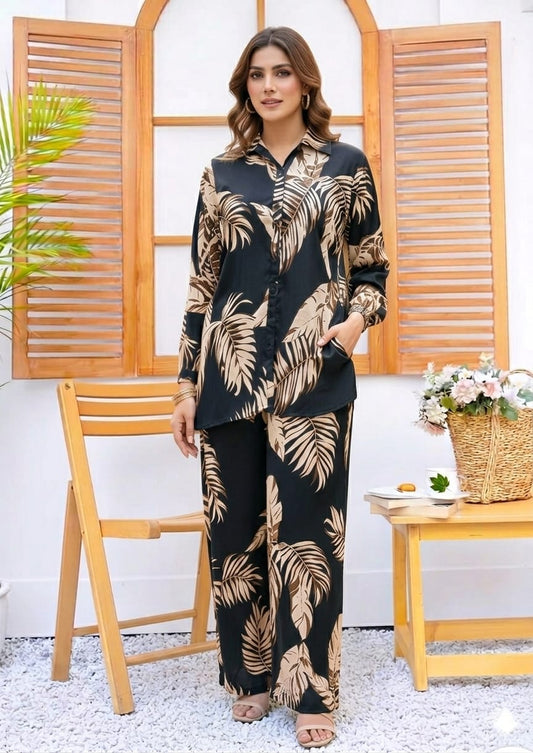 Linen Night wear  black brown leaf printed
