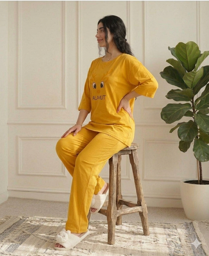 HAPPY FACE PRINTED NIGHT SUIT-YELLOW