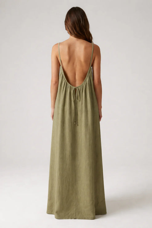 STUNNING BACKLESS MAXI DRESS - COMMANDO GREEN