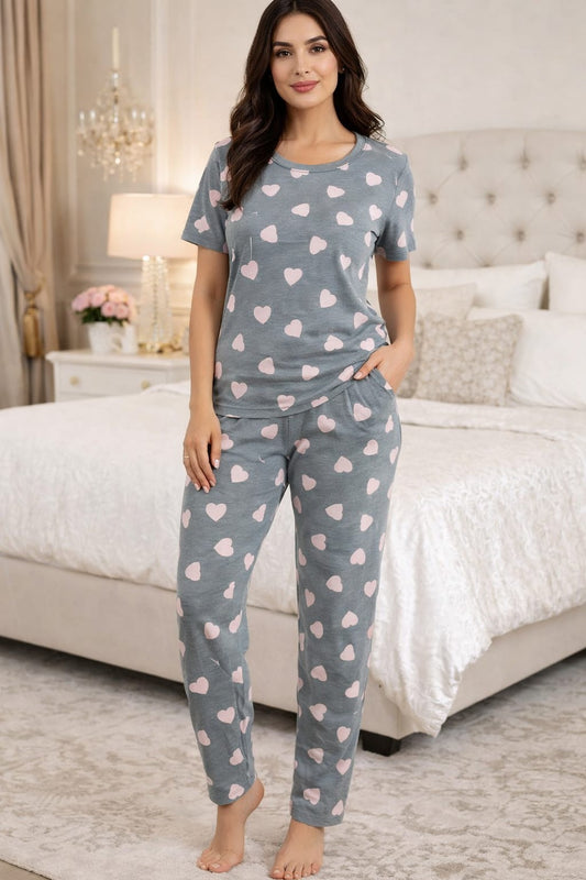 Pink Multi heart gray printed PJ Suit
