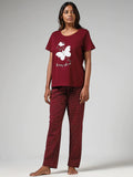 Maroon Butterfly Printed Night Suit