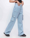 High Rise Wide Leg Flap Pocket Cargo Light Wash