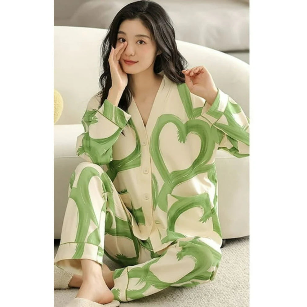 Off White with Green Hearts Printed V-Neck Button Printed PJ Set