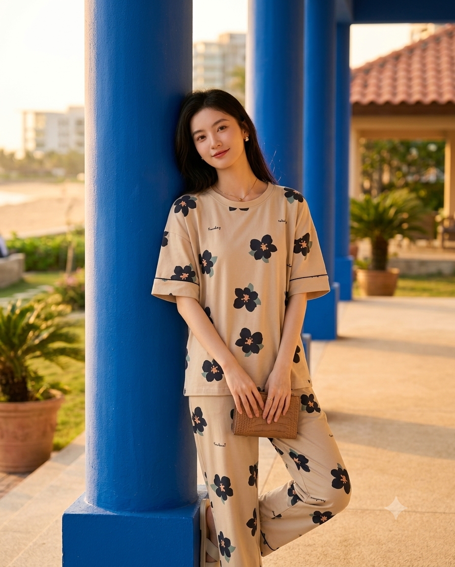 Beige Blossom Soft cotton PJ Suit