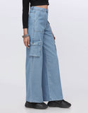 High Rise Wide Leg Flap Pocket Cargo Jeans Mid Wash