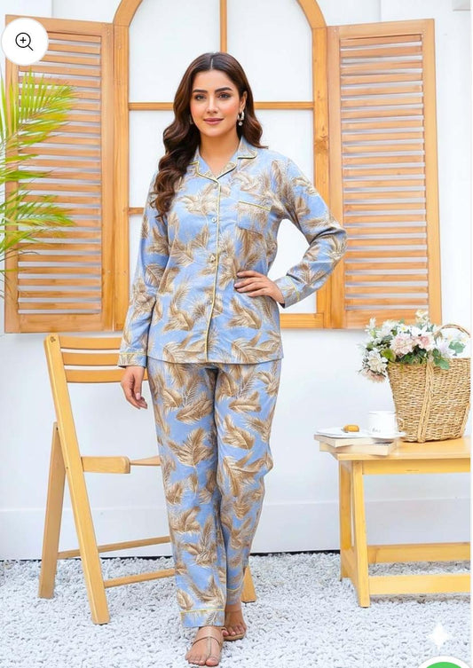 Linen Night wear  golden leaf printed