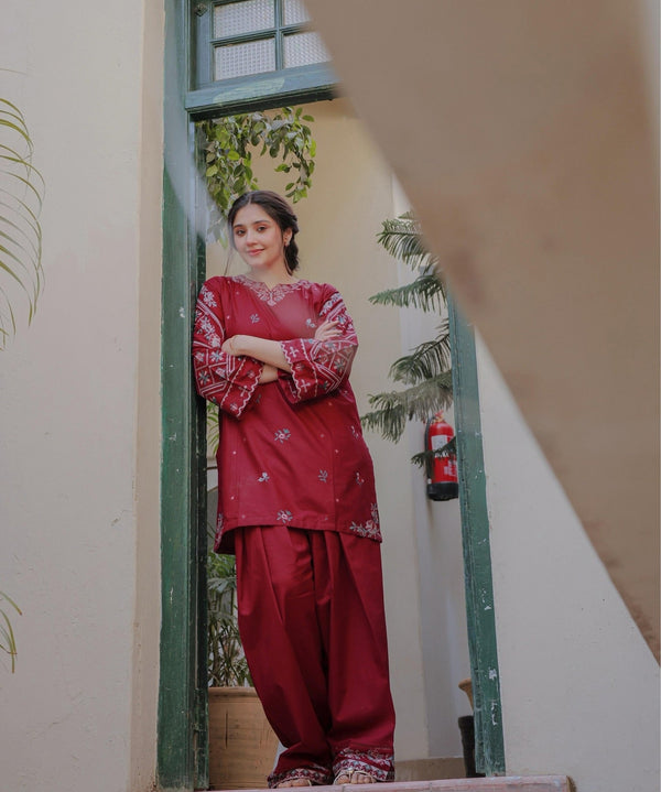 Crimson Red Embroidered Lawn Co-Ord Set 2 Piece – MJ Collections
