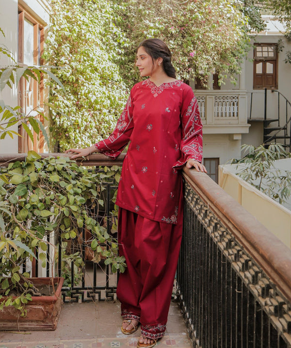 Crimson Red Embroidered Lawn Co-Ord Set 2 Piece – MJ Collections